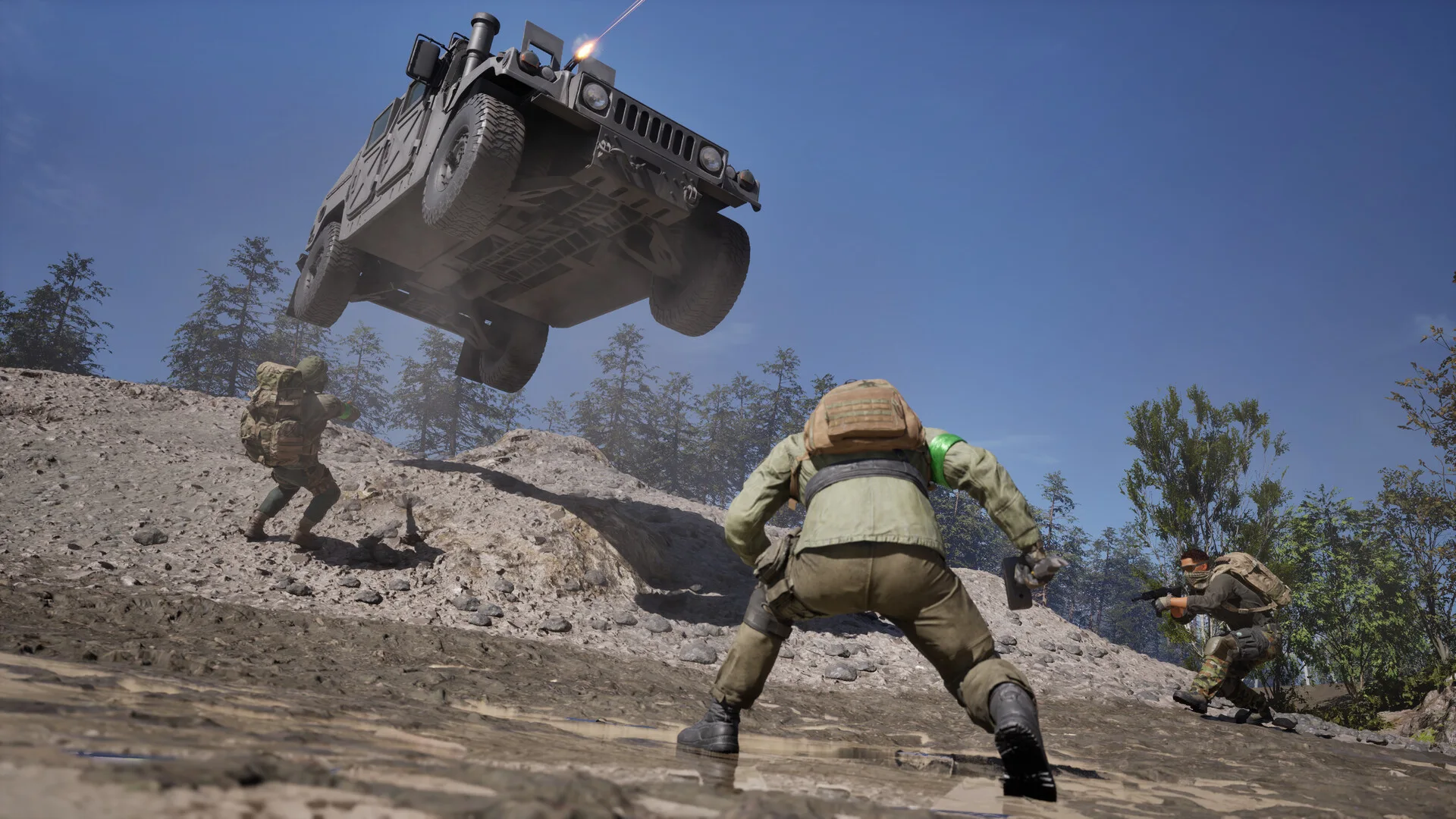 A vehicle is thrown into the air near a group of soldiers in WARDOGS.