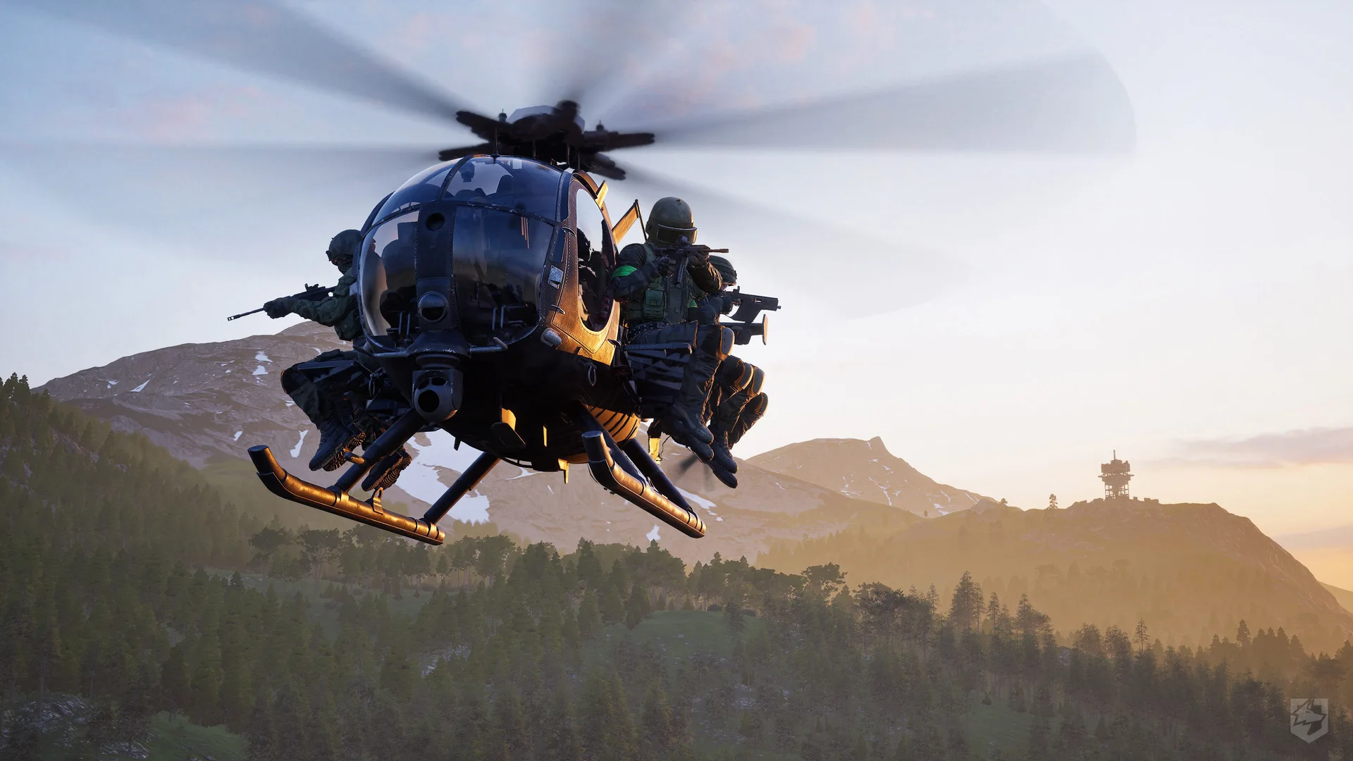 Soldiers ride on the sides of a Littlebird helicopter in official WARDOGS imagery.