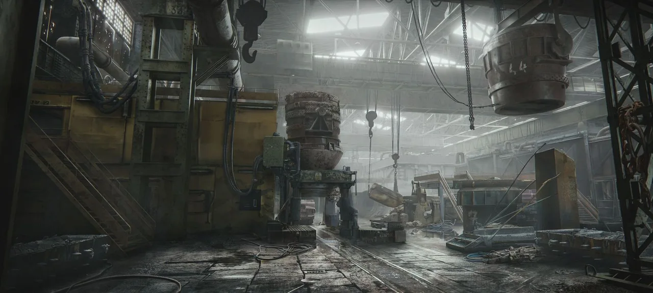Official WARDOGS environment concept art showing the interior of an industrial foundry.
