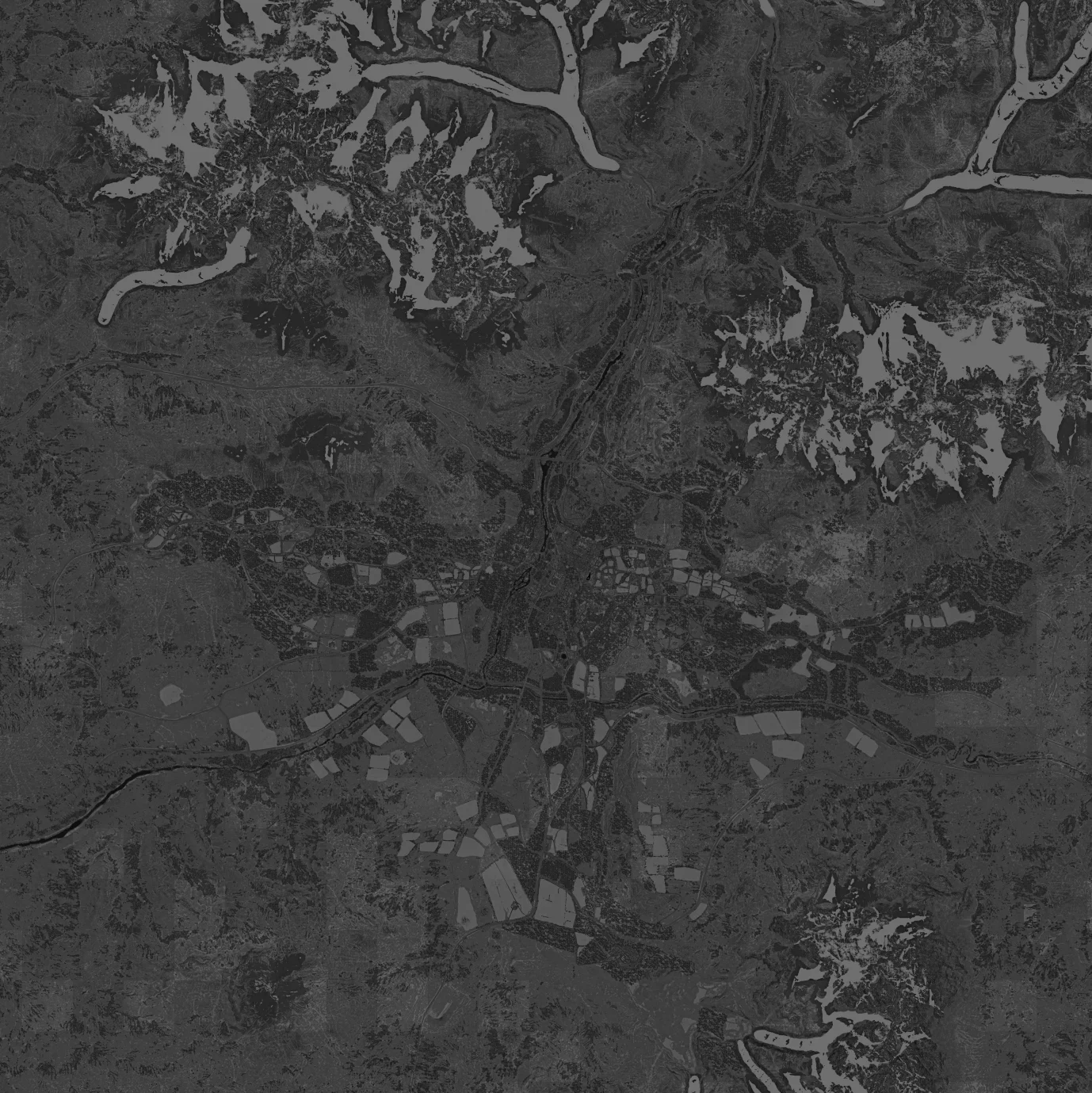 Bakurani's overhead terrain map, showing settlements, roads and surrounding ridges.