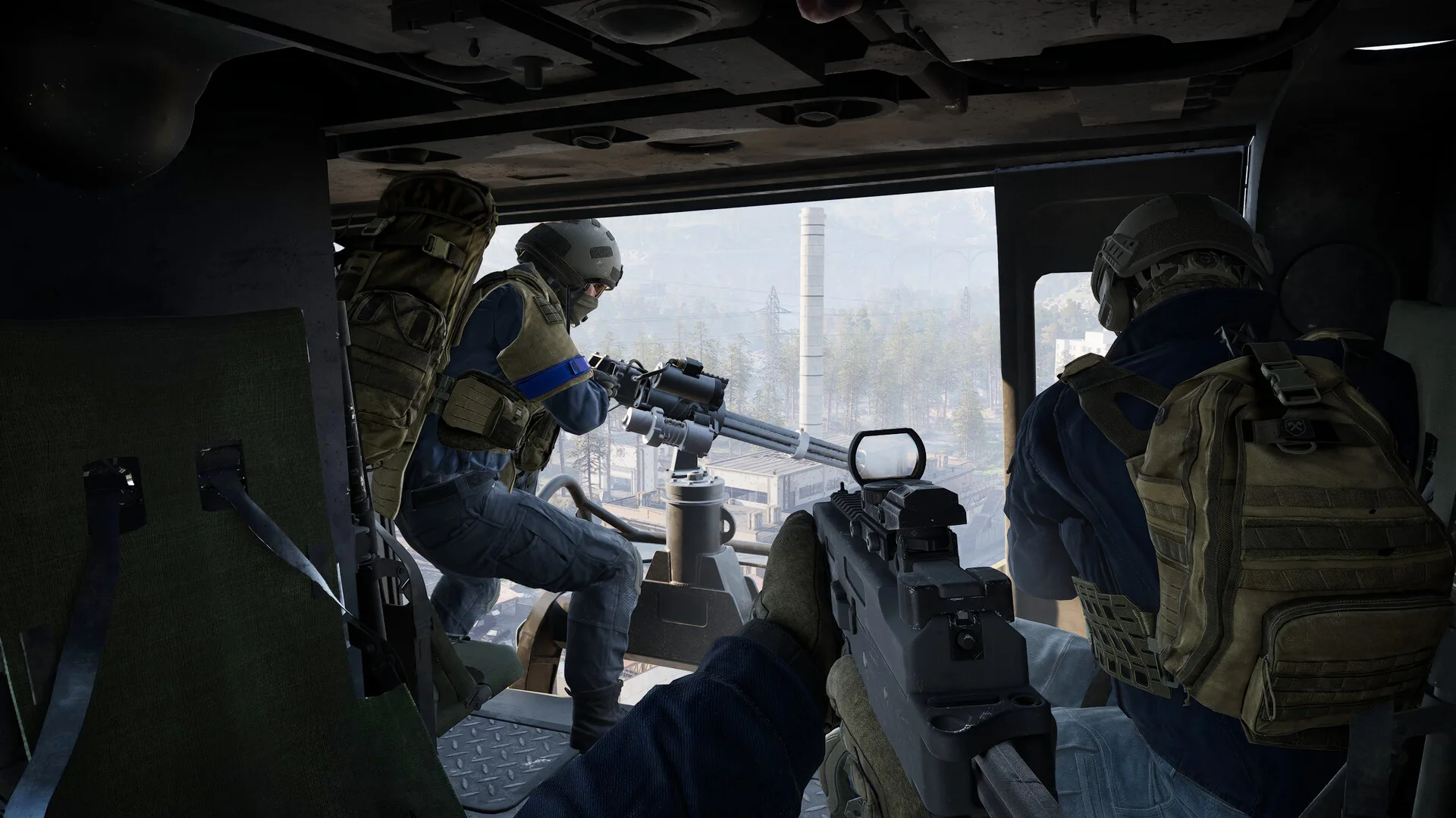 Several players ride together in the cabin of a WARDOGS helicopter.