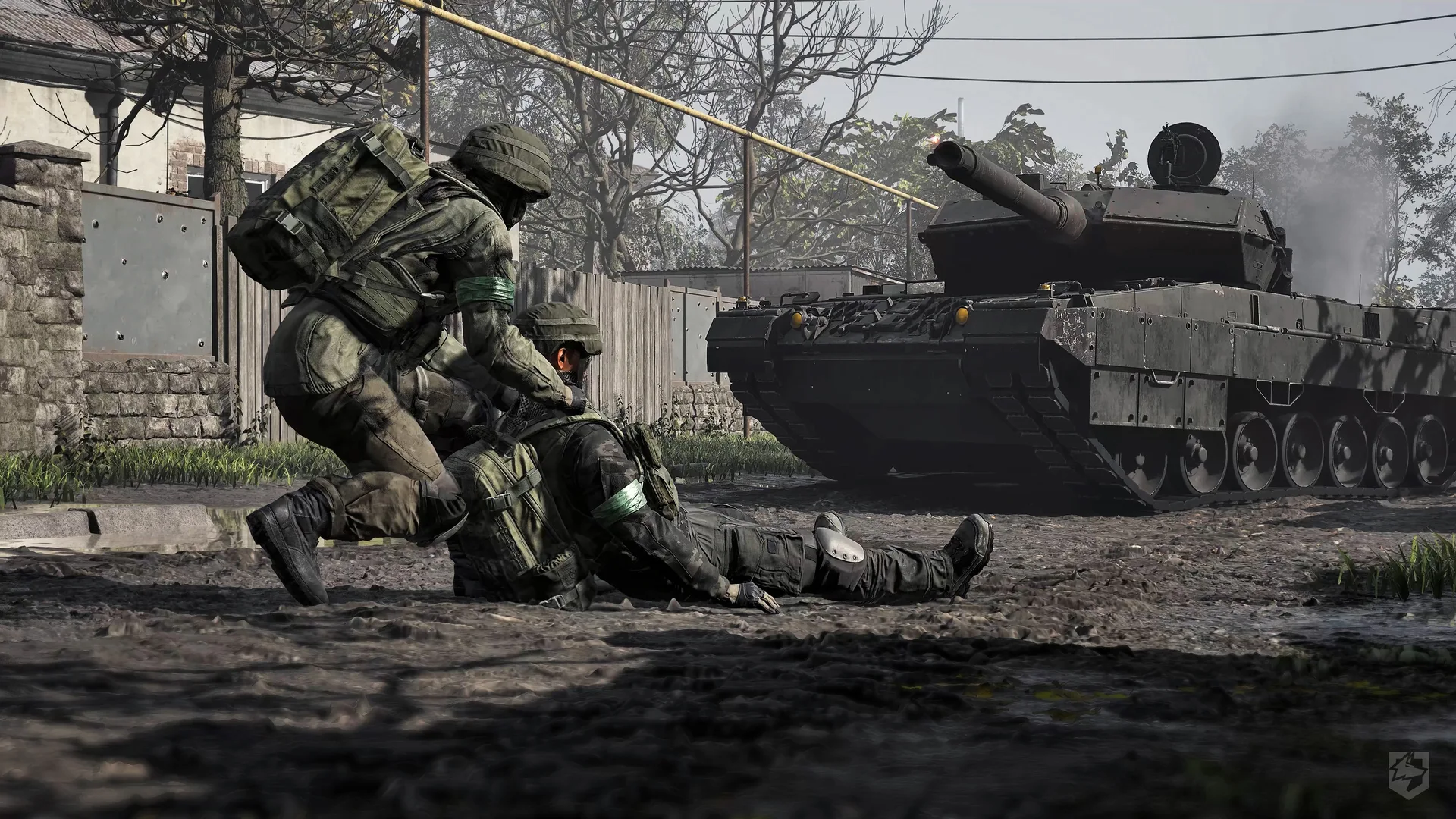 A soldier helps a fallen teammate beside a tank in WARDOGS.