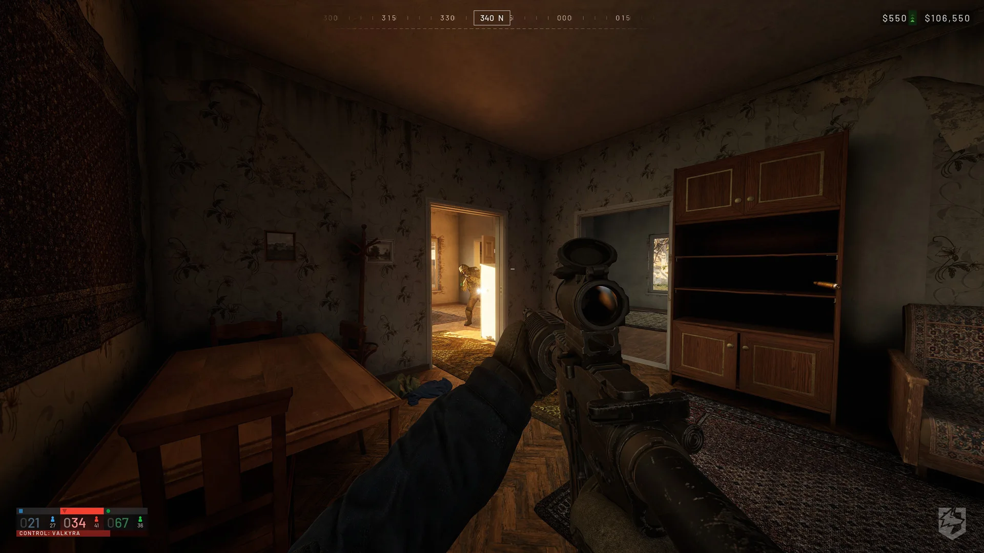 A first-person view through a doorway in a damaged WARDOGS house.