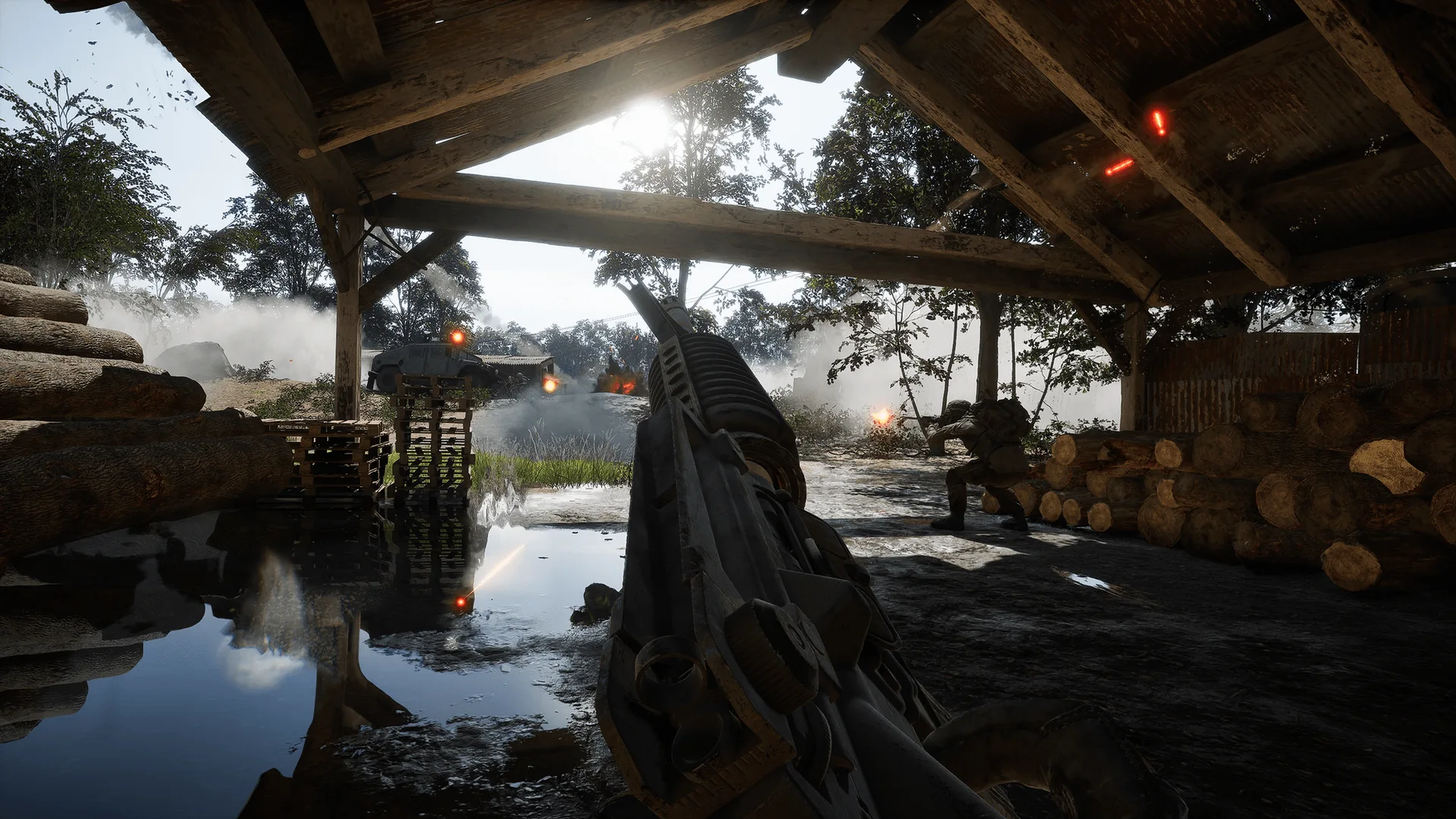 Official WARDOGS concept imagery of timber piles and water beneath a bridge.