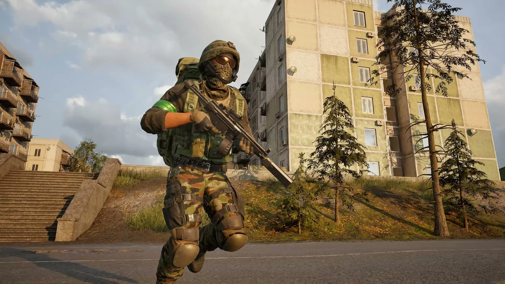A soldier runs past apartment buildings in the WARDOGS reveal trailer.